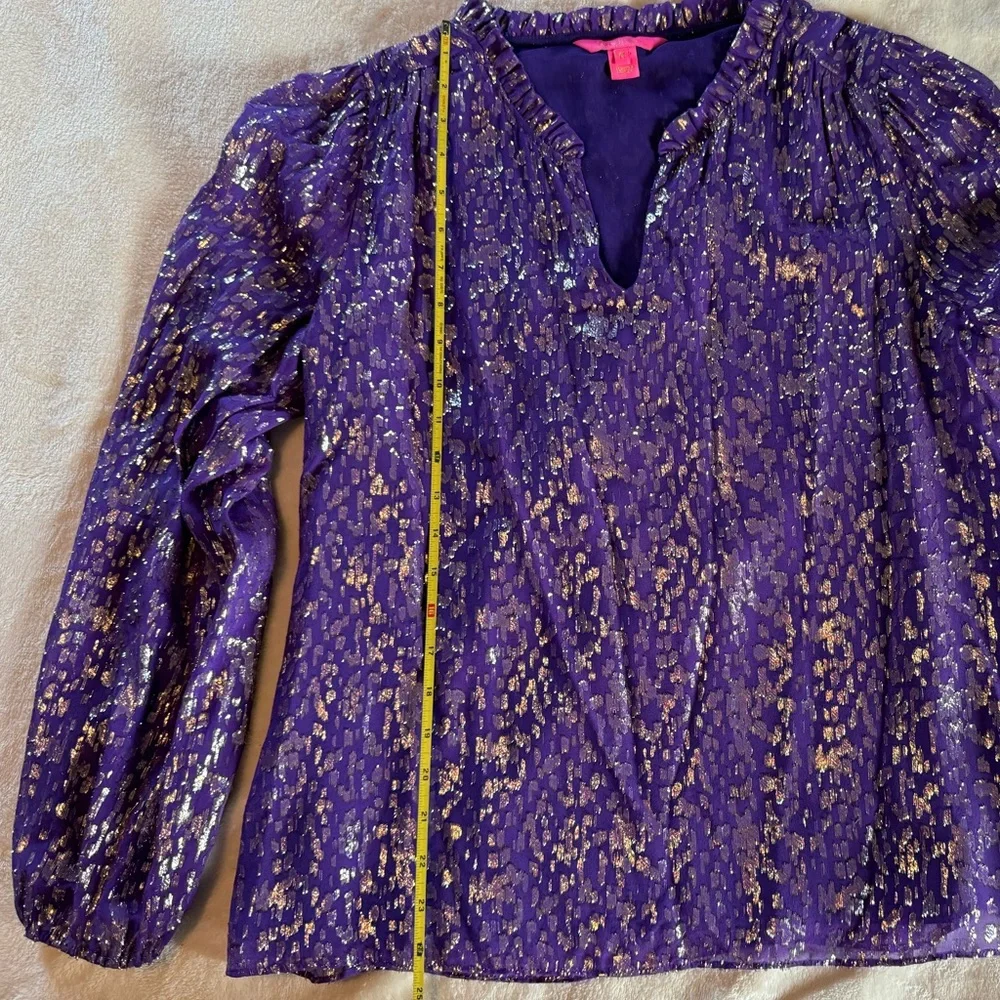 Lilly Pulitzer Purple and Gold Balloon Sleeve Fancy Blouse Med - Picture 2 of 8